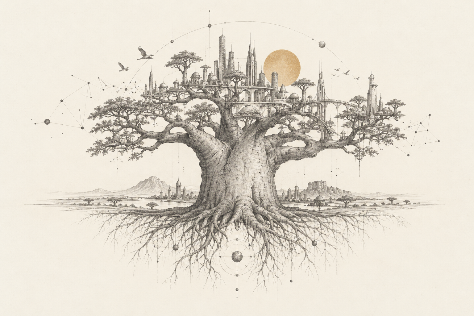 Pencil sketch of a baobab and a future city