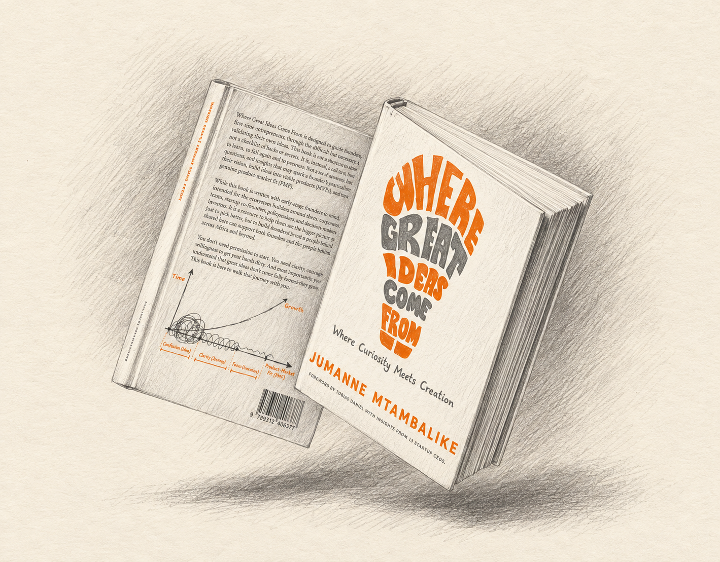 Pencil-art interpretation of Where Great Ideas Come From with orange cover lettering