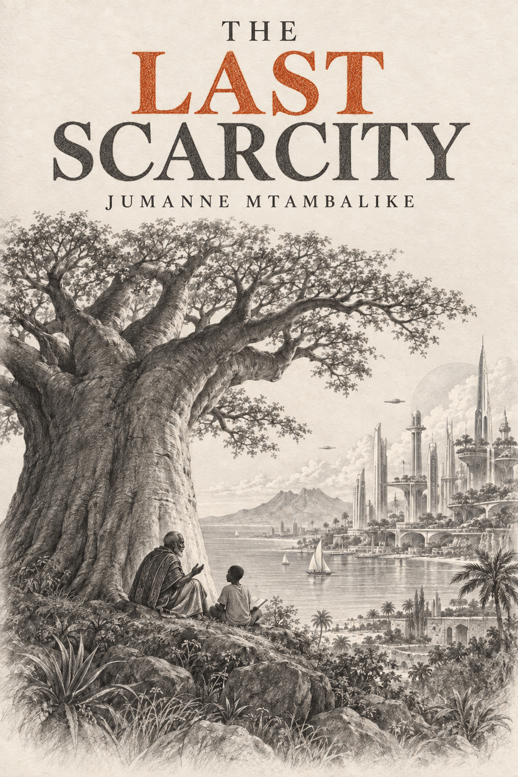 The Last Scarcity pencil cover: an elder and child beneath a baobab overlooking a future African city